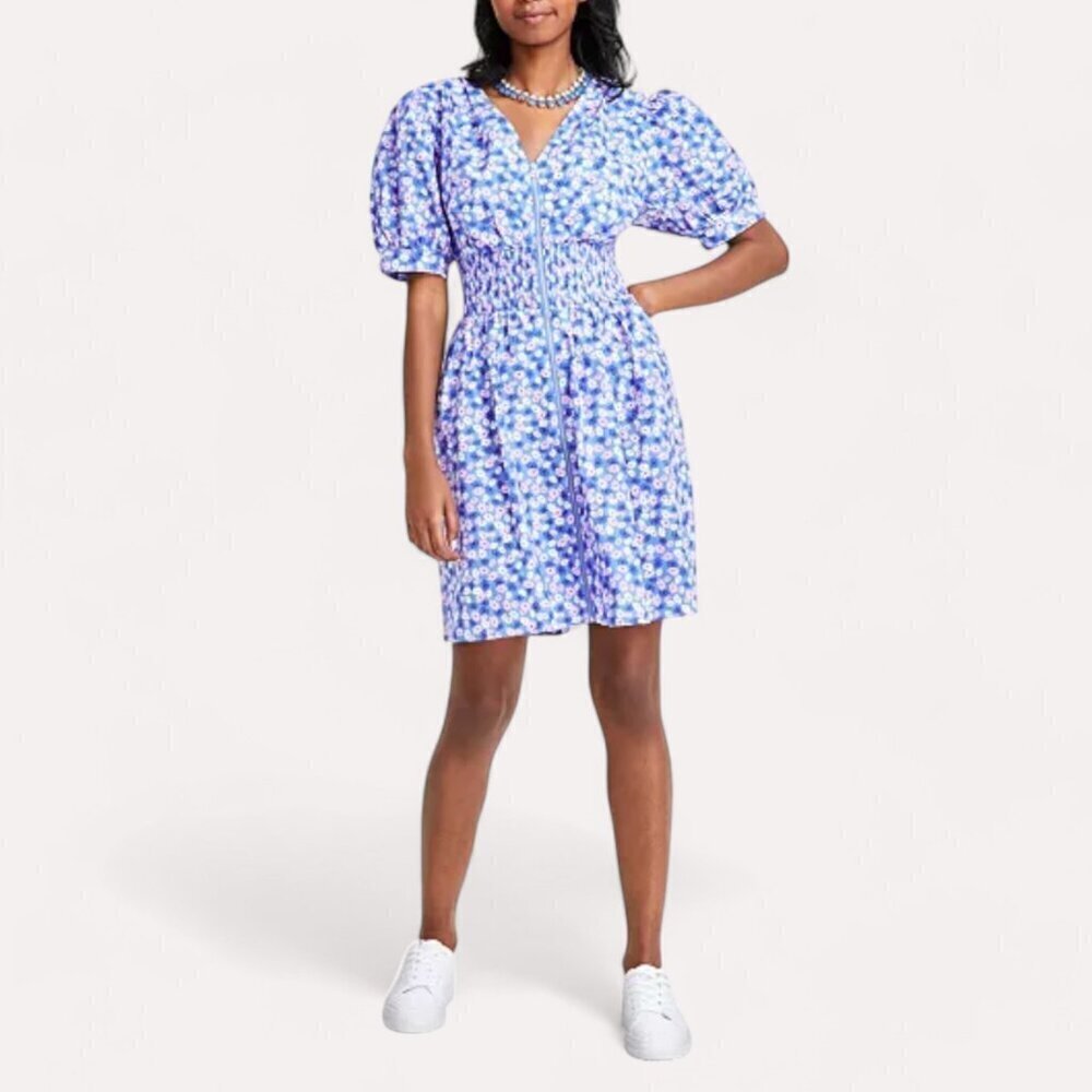 On 34th Women's Printed Cotton Zip-Front Puff-Sleeve Dress, Large - Picture 2 of 11